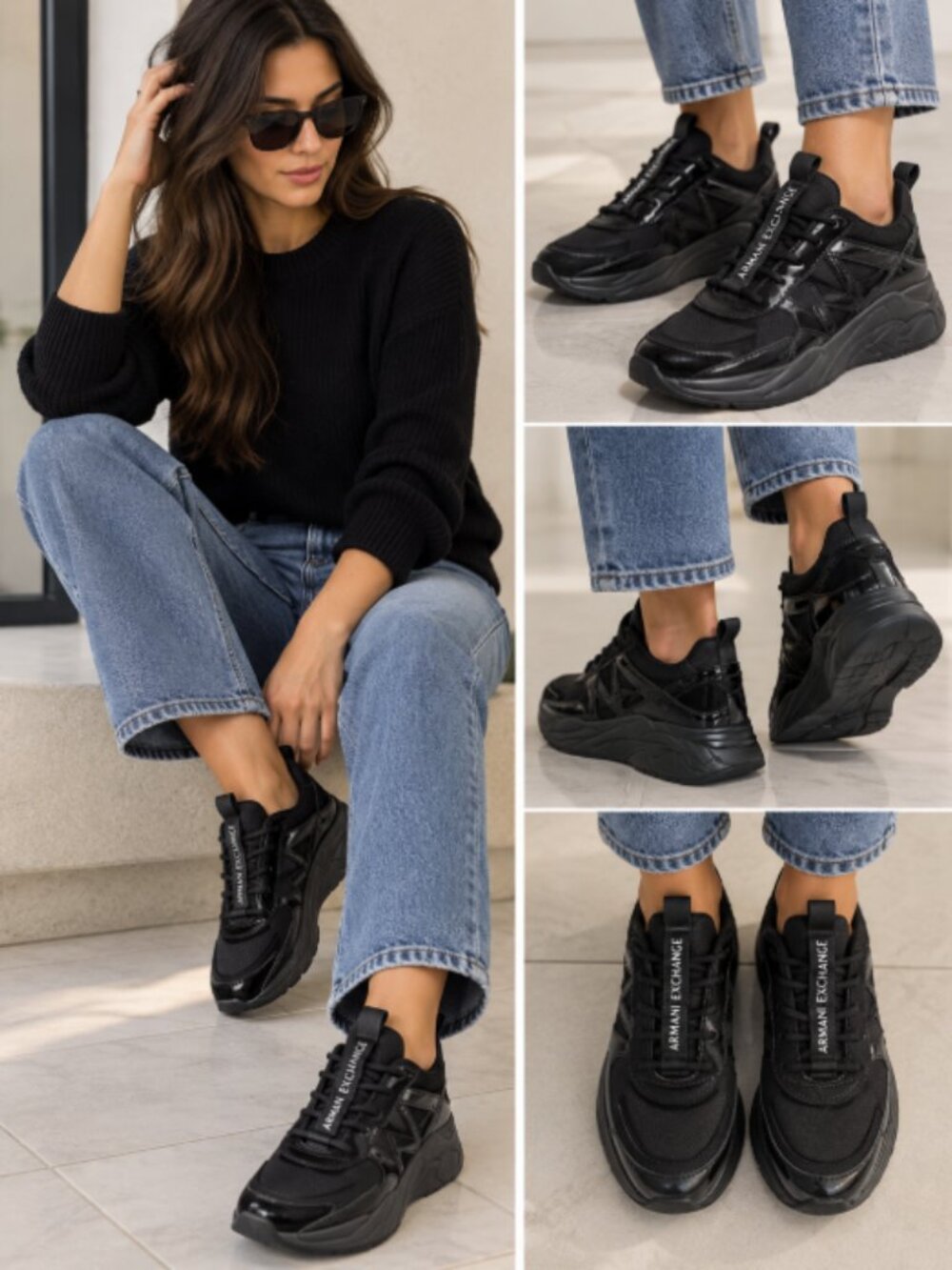 Armani Exchange Women’s Black Low-Top Mesh & Synthetic Sneakers 7 US